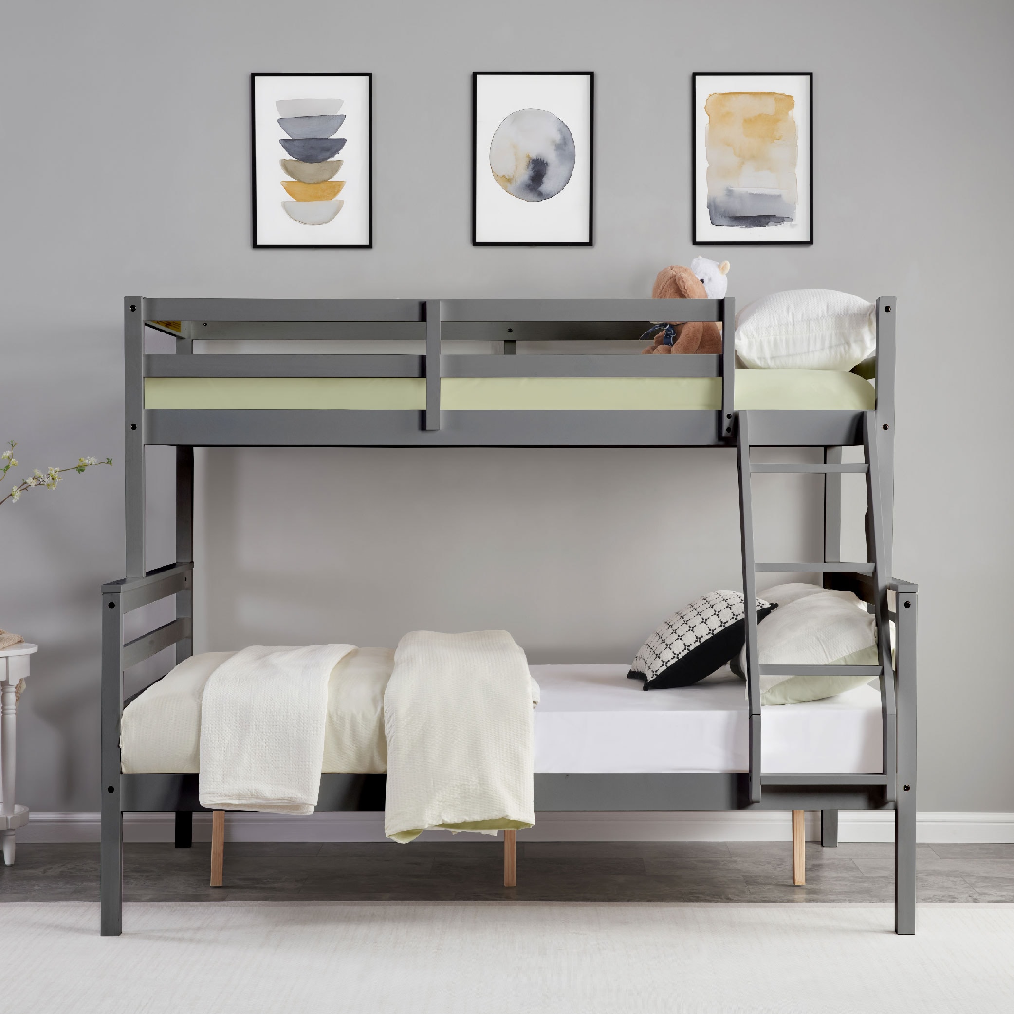 Twin over Full Bunk Bed with Ladder,Wooden Bunk Bed with High Guardrail and Ladder for Kids, Teens, Dorm Rooms, and Guest Rooms,No Box Spring Needed,Grey